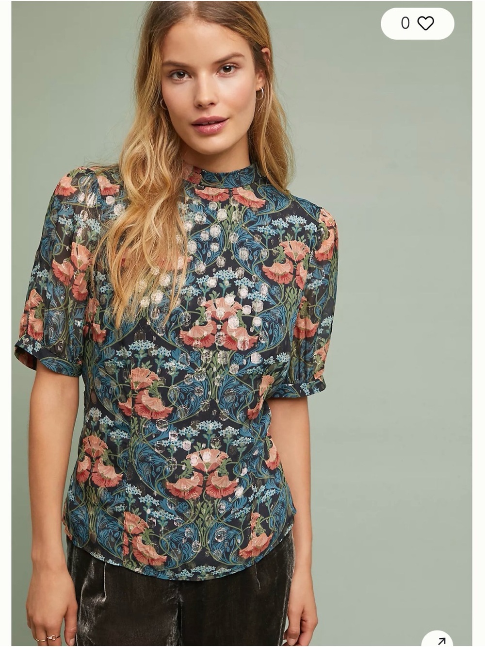 Anthropologie Meadow Rue Navy Blouse with Coral and Green Floral Print